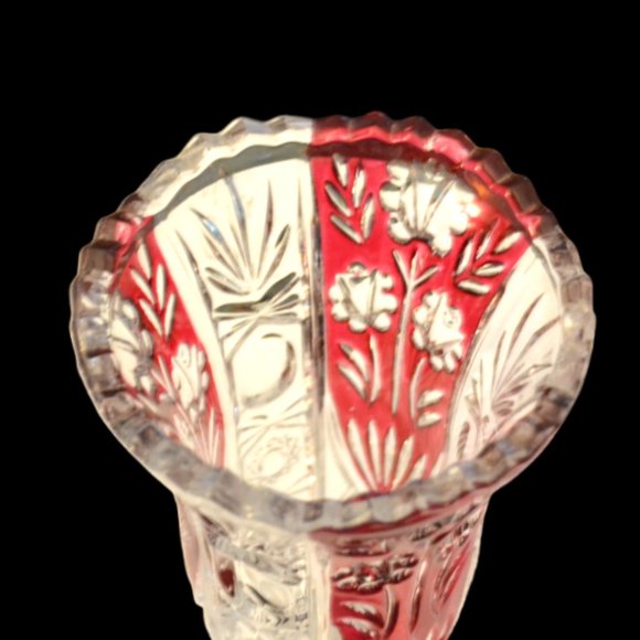 Glass Vase With Cut In Designs Ruby Flash Grandma Core Home Decor Flowers - Picture 4 of 5
